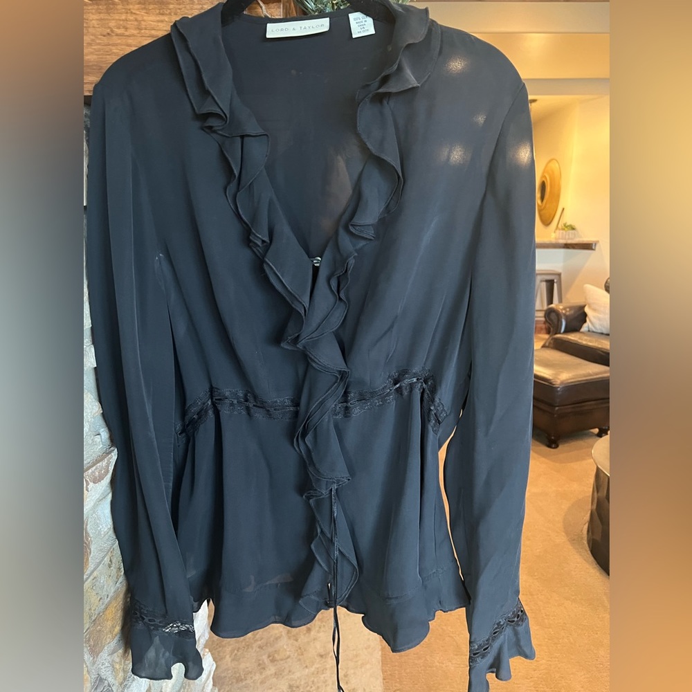 Ladies silk long-sleeved blouse with ruffle detail